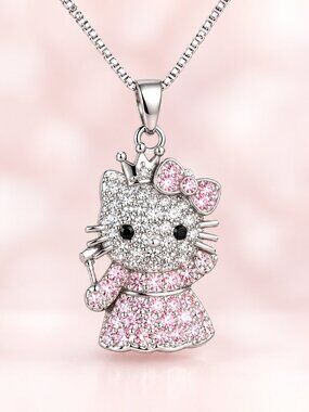 Moissanite Hello Kitty Princess Necklace Pink Bow 925 Sterling Silver 18 Inch